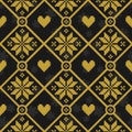 Vector seamless geometric pattern with golden knitted snowflakes on black background. Royalty Free Stock Photo